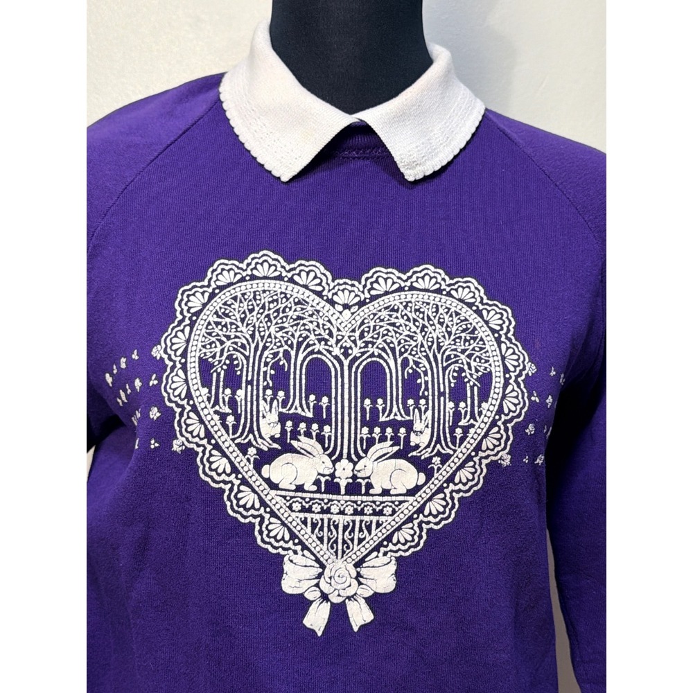 Vintage Jerzees Sweatshirt Size M Bunny Heart Peter Pan Collar Purple Pullover